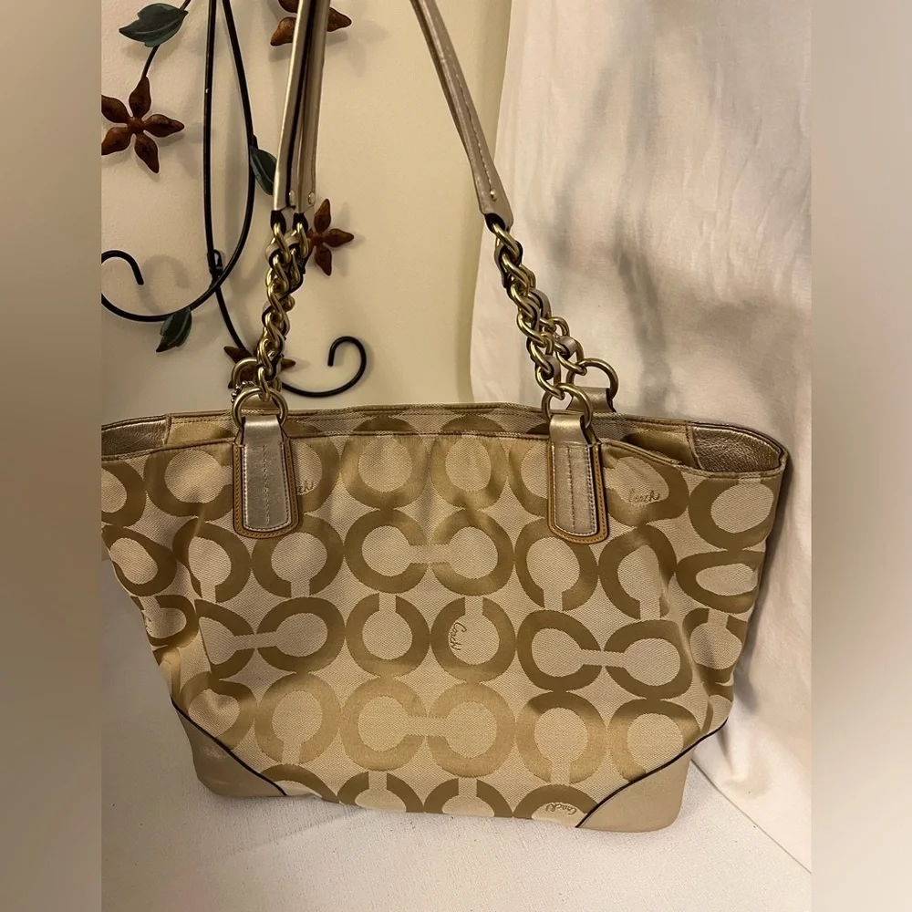 Coach Colette Opt Art Logo Gold Canvas Leather Large Tote Bag—read description